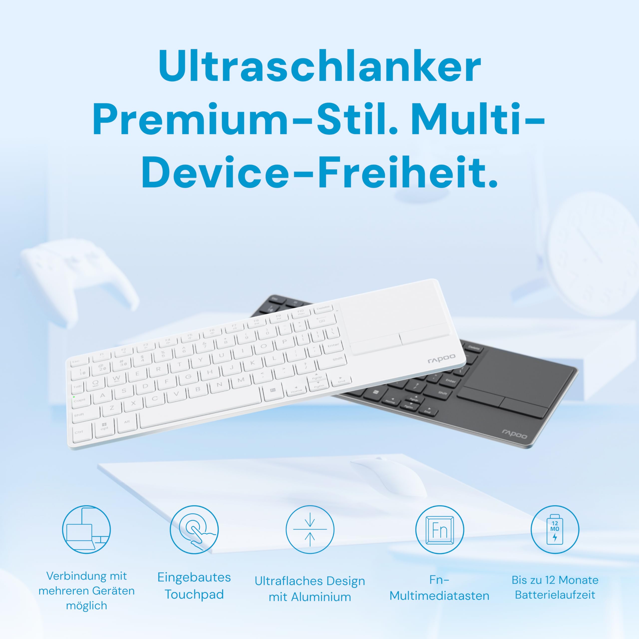 Rapoo E2810M Aluminium - Kabellose TV Tastatur mit Touchpad, Bluetooth & 2.4G USB Wireless, Multi Device bis 4 Geräte, PC, Mac, Tablet, SmartTV, mini Funktastatur klein flach, QWERTZ Layout Deutsch