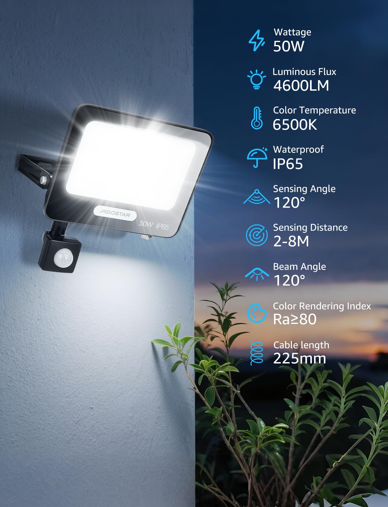 Aigostar- 50W Foco LED con Sensor Movimiento, Super Brillo Focos Exterior, 4600LM, Blanco Frío 6500K, IP65 Impermeable, Proyector LED Exterior, Perfectas para Jardín, Garaje, Patio, Paquete de 8
