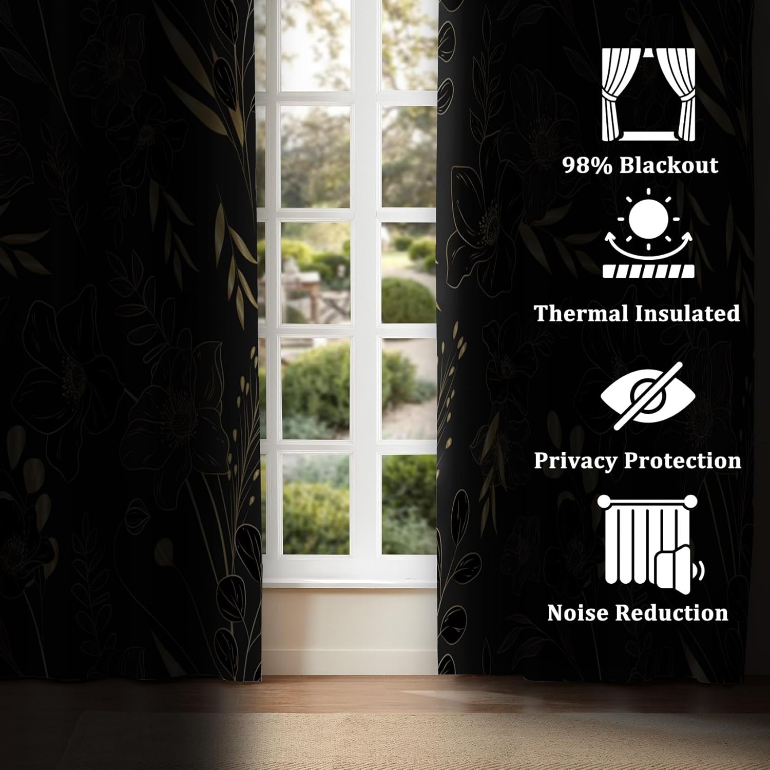 Renaiss 42 x 45 Inch Black Floral Blackout Curtains for Bedroom Printed Gold Stroke Flower Curtains French Country Grommet Window Treatment Curtain Farmhouse Drapes Black Liner 2 Panels