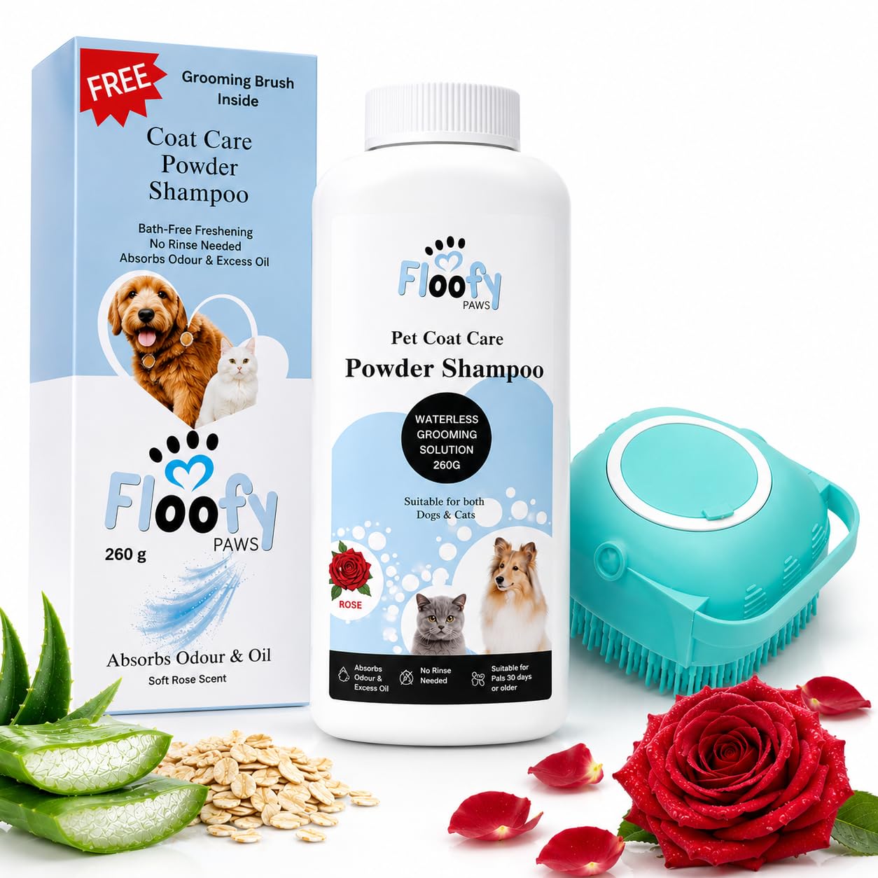 Floofy Paws Coat Care Powder Shampoo for Dogs & Cats with Grooming Brush Included - Waterless No Rinse Dry Pet Shampoo Powder with Aloe Vera & Oats, Removes Odor & Excess Oil, Soft & Fresh Coat, 260g