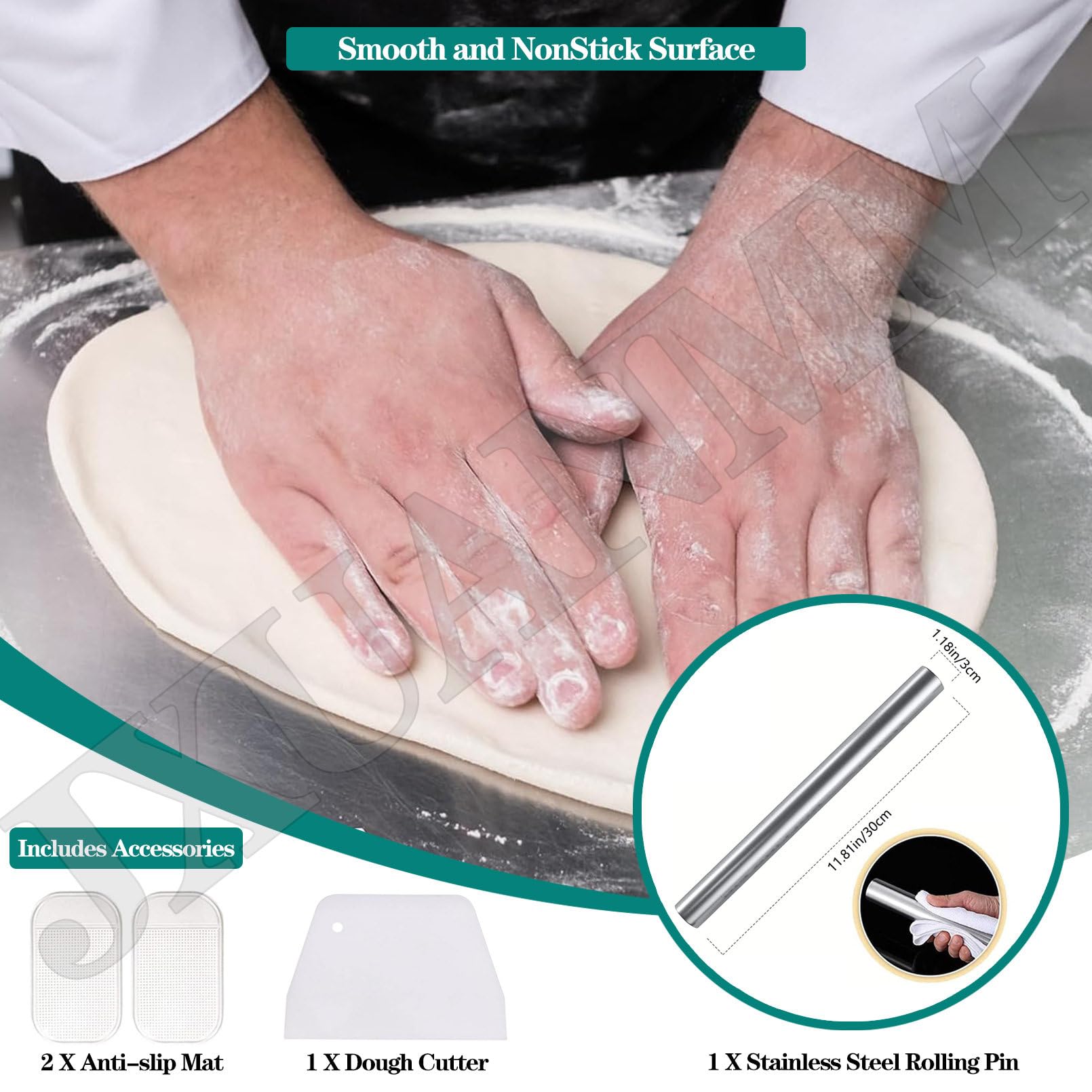 Tabla de Cortar de Acero Inoxidable con Labio, con Rodillo, 50x60cm/19.7" Lx23.6 W