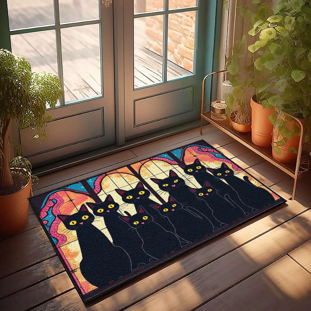 Tapis de porte d'extérieur grand format antidérapant avec motif chats mystiques