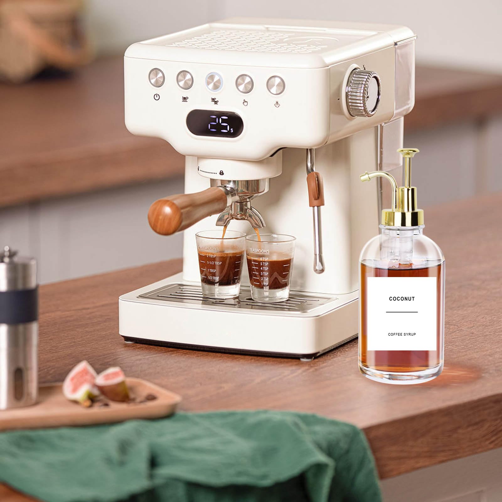 Lot de 2 distributeurs de sirop de café en verre de 500 ml, distributeur de miel avec 36 étiquettes étanches et entonnoir et pompe pour accessoires de cuisine, café, bar (doré)