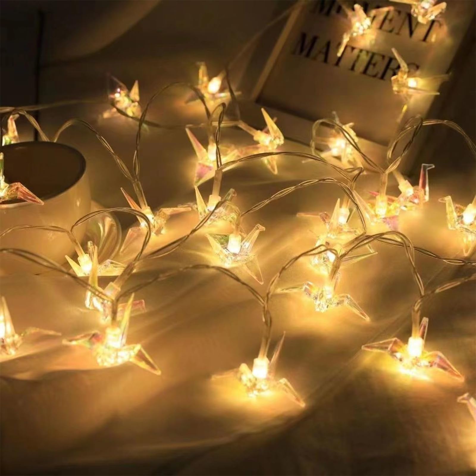 Hiseng Catena Luminosa Esterna Solare, LED Luci Solari Esterno da Giardino a Forma a Mille Gru di Carta, Lampade Solari Impermeabili per Campeggio, Terrazzo, Balcone (Bianco caldo,22m 200LED)
