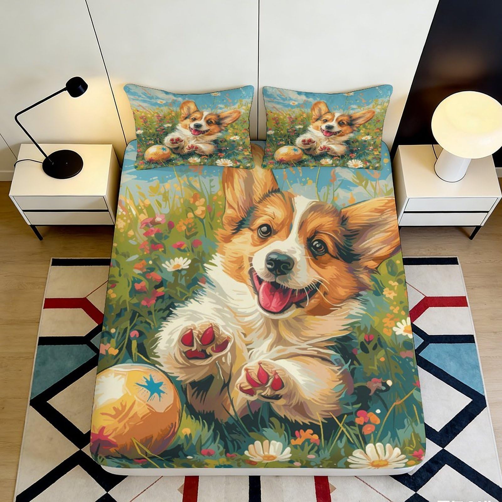3D Printed Cute Corgi Fitted Sheet Microfiber Soft Breathable Floral Pattern Bed Cover for Bedroom Dormitory Guest Room Mattress Protection Decor 160x200x25cm