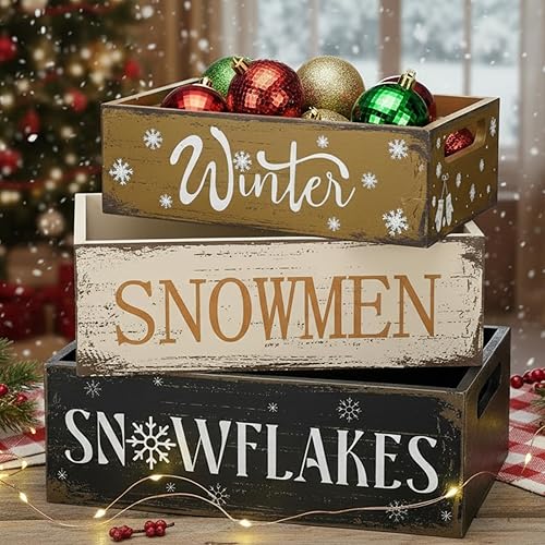 Miniatura 4 de 3 cajas de madera de Navidad vintage, caja de almacenamiento rústica de Navidad, decoración de mesa de invierno, cubos de almacenamiento de madera