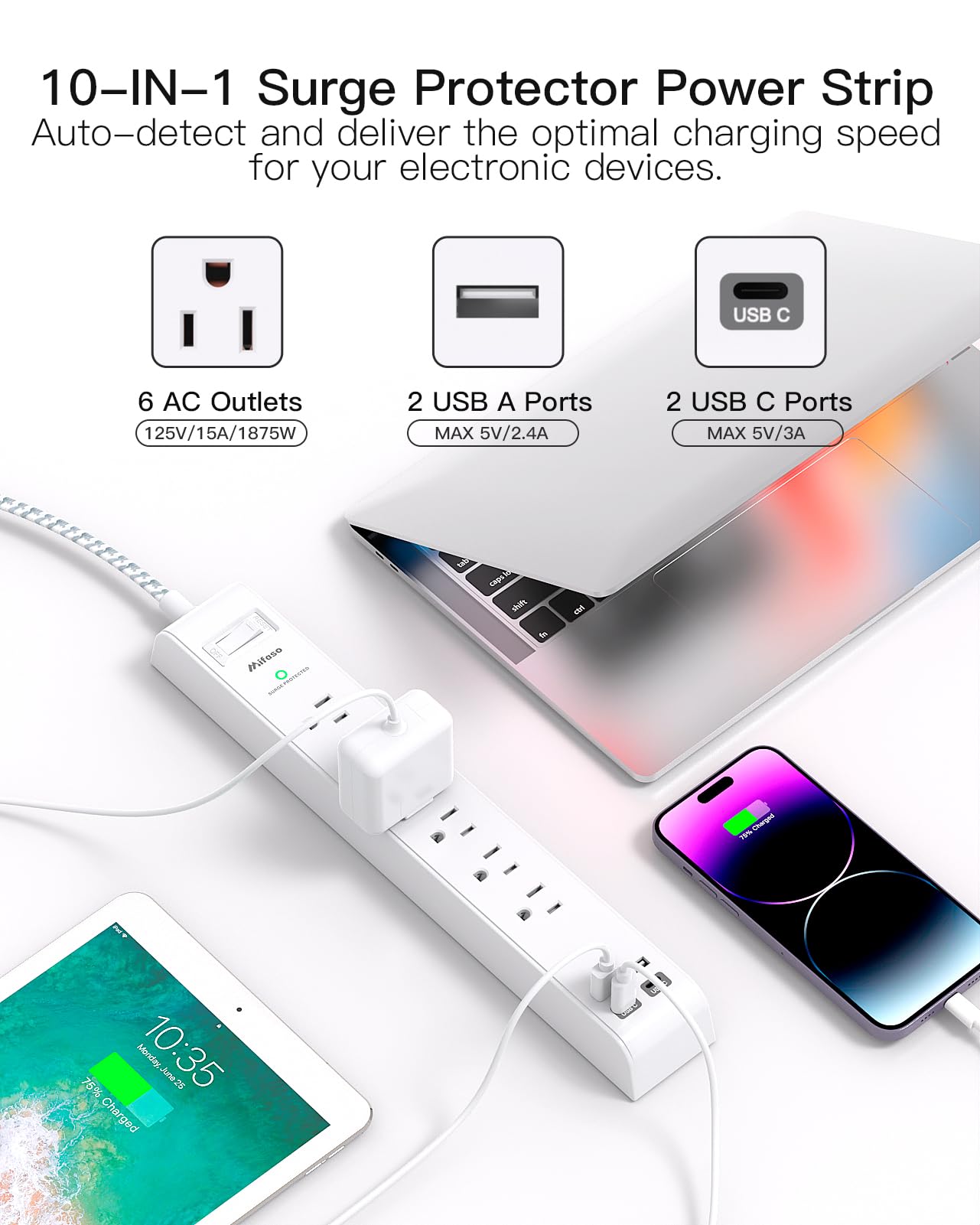 Tira de alimentación protectora contra sobretensiones de 10 pies con 4 puertos USB, 2 enchufes USB-C 6 CA, cable de extensión de enchufe plano, estación de carga USB, montaje en pared para el hogar,