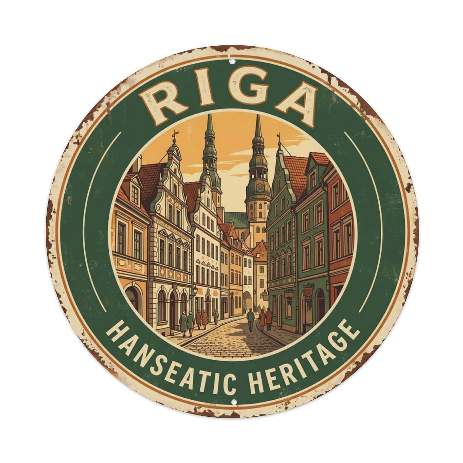 Vintage Travel Riga Latvia Architecture Metal Tin Sign Plaque Wall Decor for Cafe, Club, Garden Round Metal Poster 8x8Inch