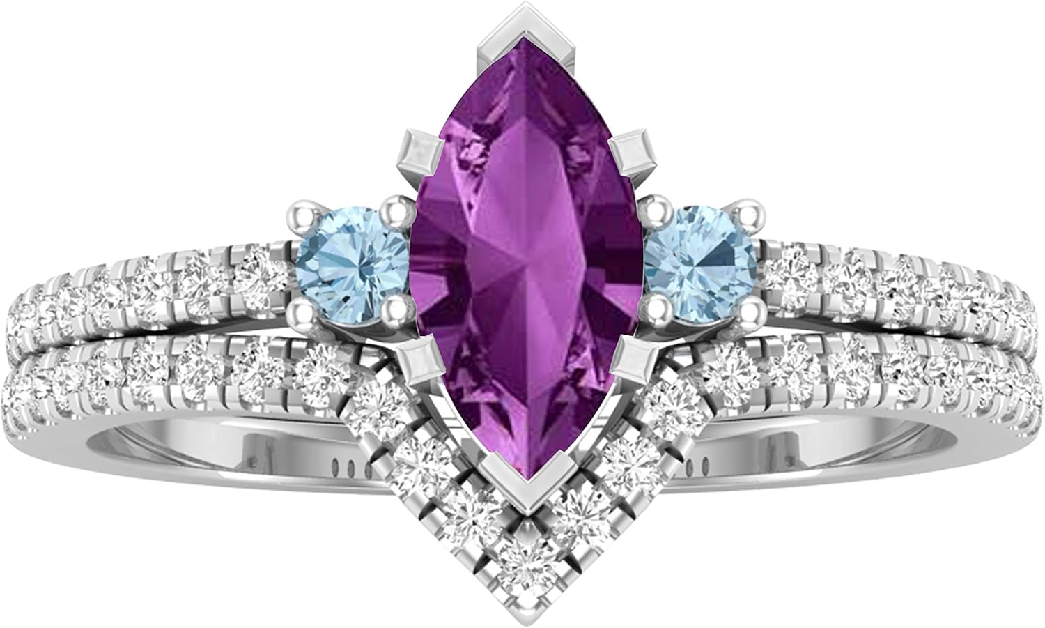 Dazzlingrock Collection 8X4mm Marquise Gemstone, Round Blue Topaz & White Natural Diamond Women 3 Stone Engagement Ring Set, in Real Solid Gold & 925 Sterling Silver