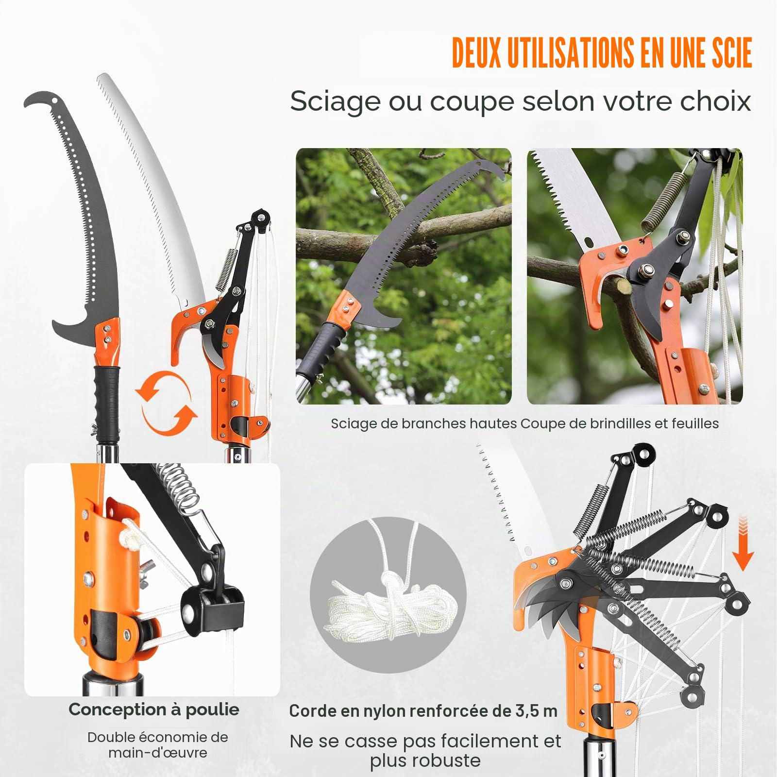 VEVOR Scie à Élaguer Télescopique 2,24-8,24 m Scie à Perche Extensible Lame en Acier Tranchant Scie d'Élagage avec 8 Poteaux Fibre de Verre Ciseaux Coupe Branches Hautes pour Élagage Palmiers Arbustes