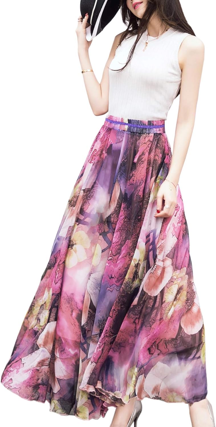 Sinono Womens Long Chiffon Bohemian Skirt Gypsy Dress Maxi Boho Beach Skirt