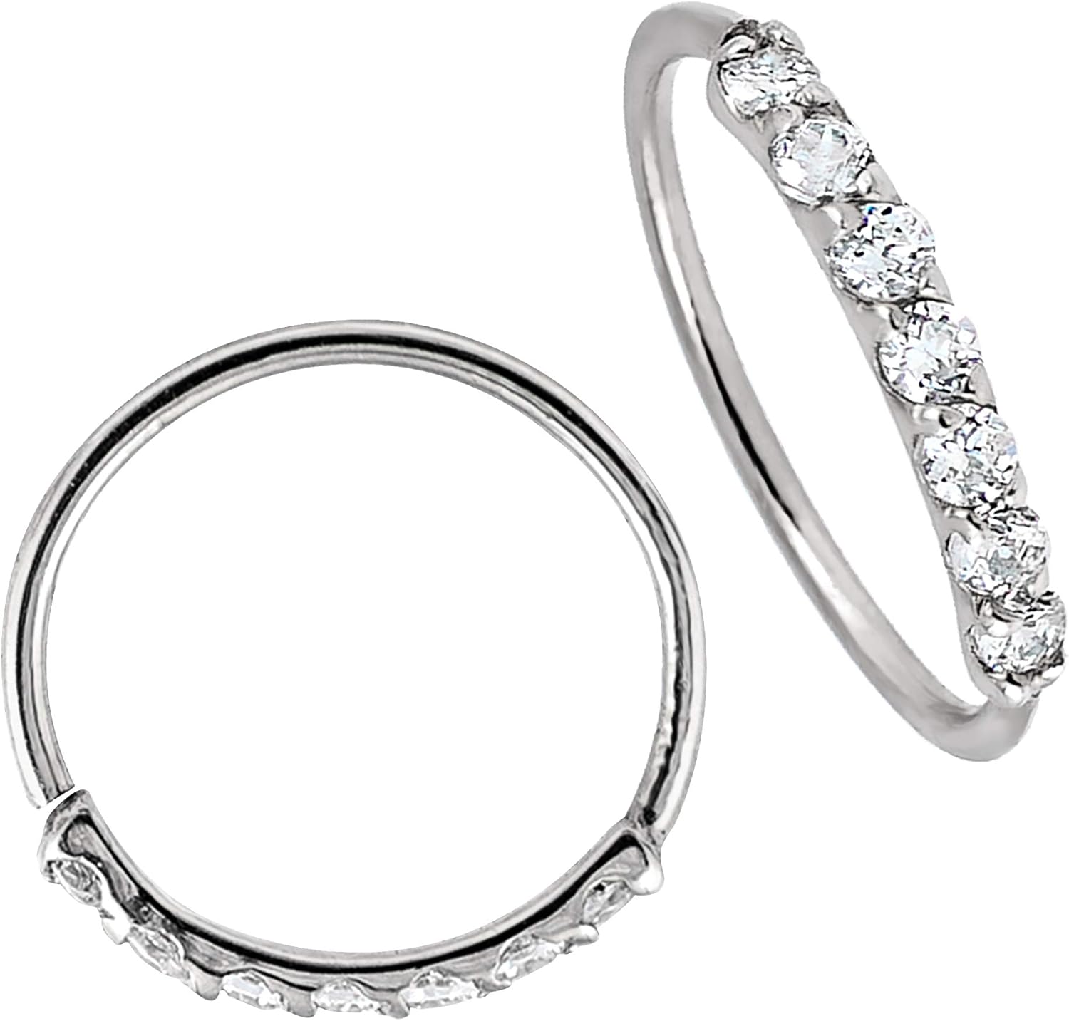Jewelry Avalanche 22G Solid 14Kt Gold Nose Ring with 7 Prong Set Diamond Simulated CZ Stones Accent - 8mm inside Diameter Nose Ring - Helix Earring - Cartilage Earring