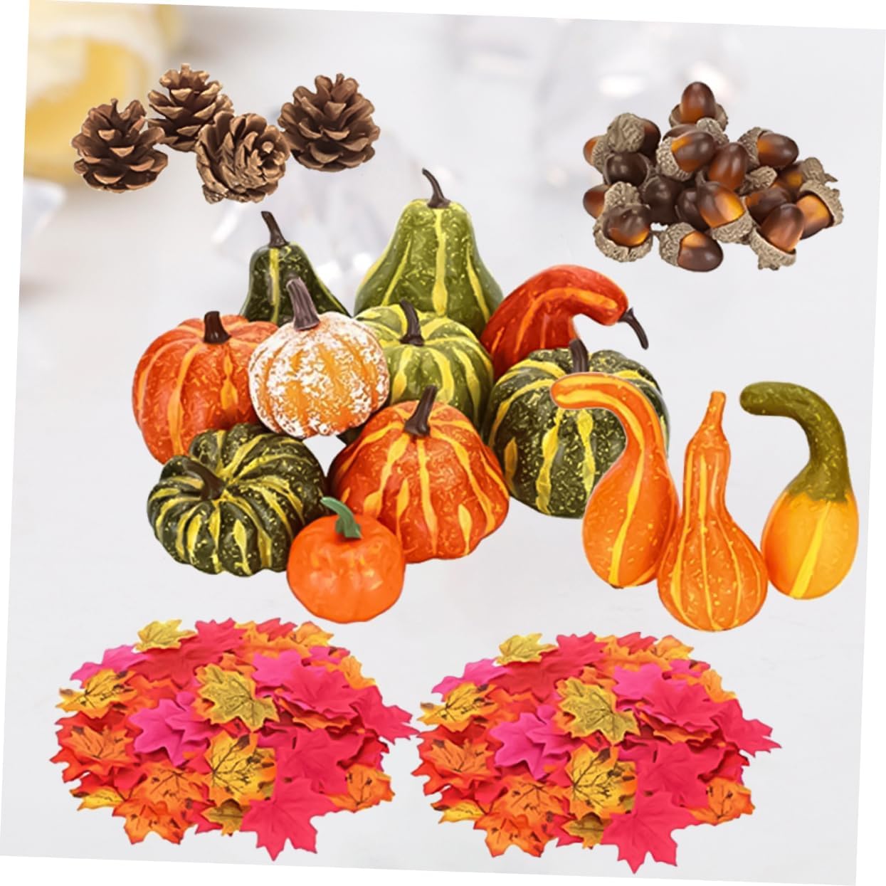 141pcs Artificial Pumpkin and Acorn Decorations for Halloween Lifelike Maple Leaf Props for Fall Home Ornaments for Parties and Table Displays