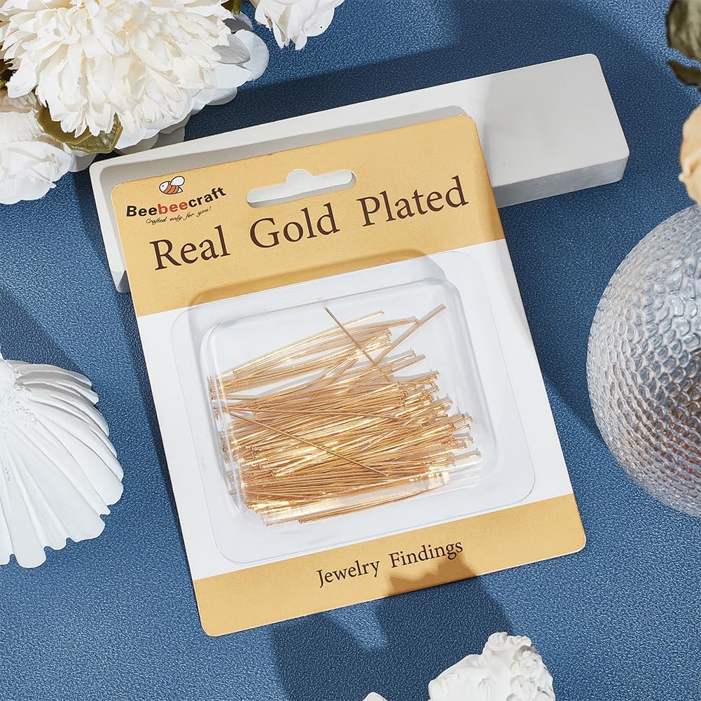 Beebeecraft 1 Box 200Pcs 45mm Flat Headpins 16K Gold Plated Stainless Steel Flat Head Jewelry Making Pins 21 Gauge Bendable Wire Pin for Jewellery Earring DIY Craft