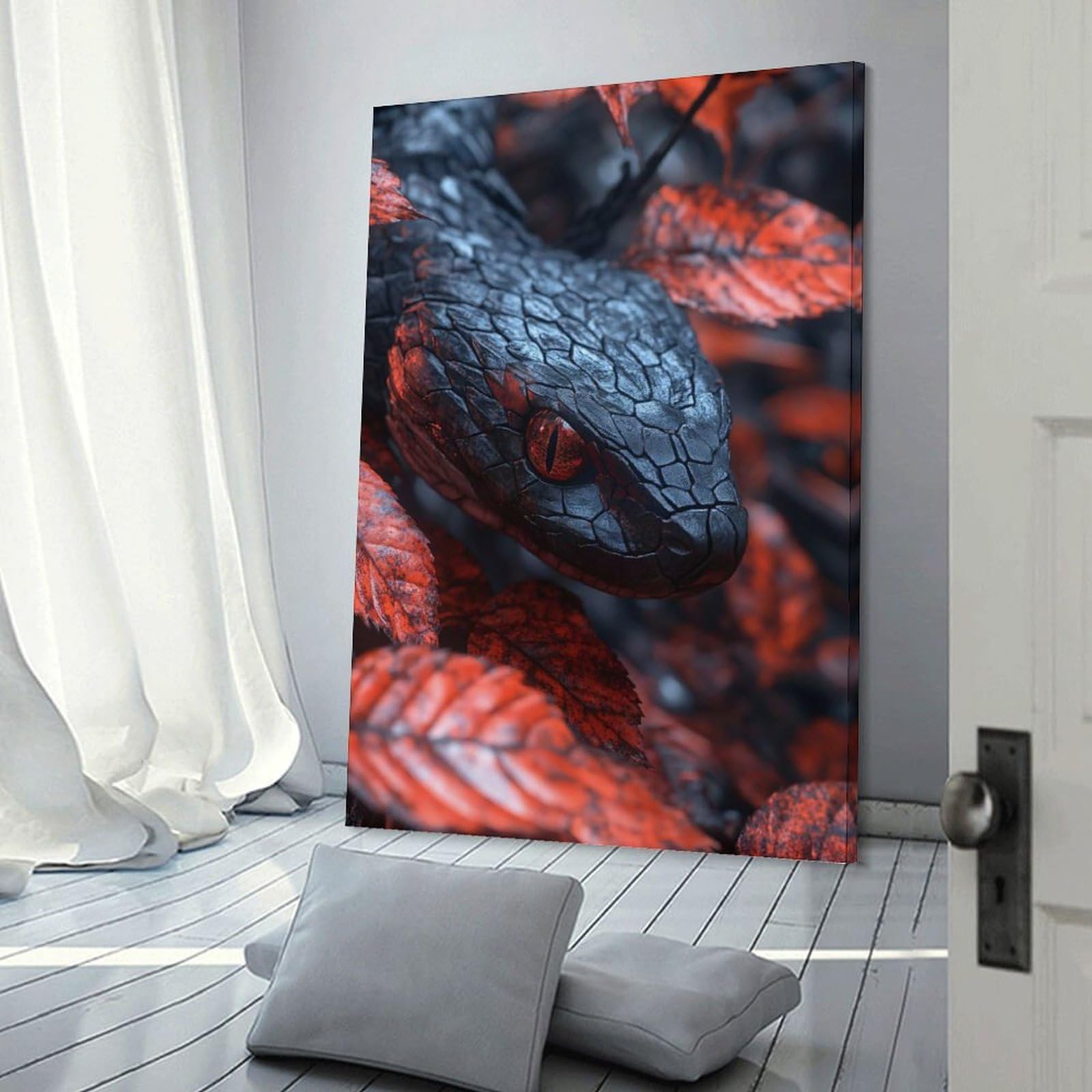 Junmoney Canvas Wall Art Snake with Red Eyes And Leaves, 08x12inch(20x30cm), for Living Room, Bedroom, Office Or Hallway, Decorative Artwork with Broad Appeal