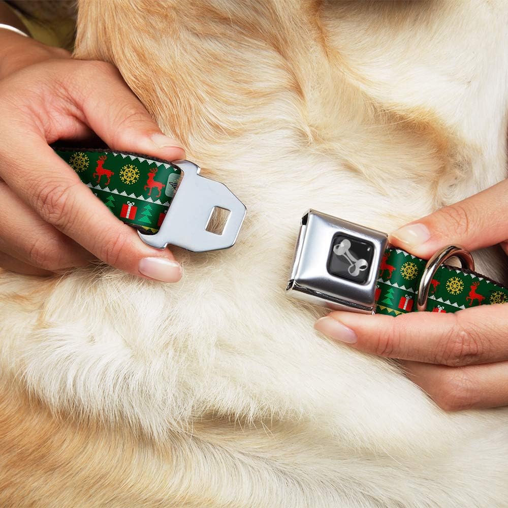 Dog Collar Seatbelt Buckle Christmas Sweater Stitch Green White Gold Red 16 to 23 Inches 1.5 Inch Wide