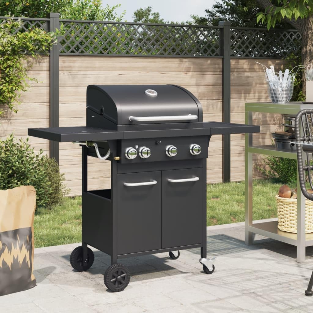 vidaXL Gasgrill mit 4 Flammen, Grillwagen mit Piezo-Zündsystem Thermometer, Gartengrill mit Rädern Stauraum, Grillstation, Schwarz Pulverbeschichteter Stahl