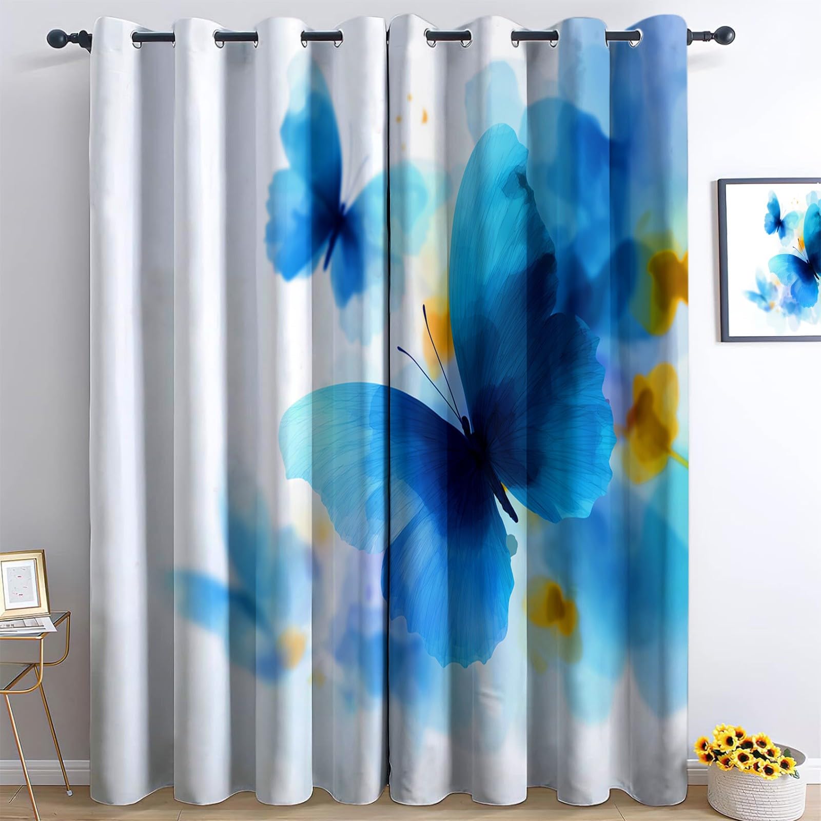 Zasłony zaciemniające do pokoju dziecięcego, 214 x 91,5 cm, akwarelowe, motyle, nadruk 3D, z oczkami, izolacja cieplna, nieprzejrzysta zasłona dla chłopców i dziewczynek, dzieci, zestaw 2 sztuk