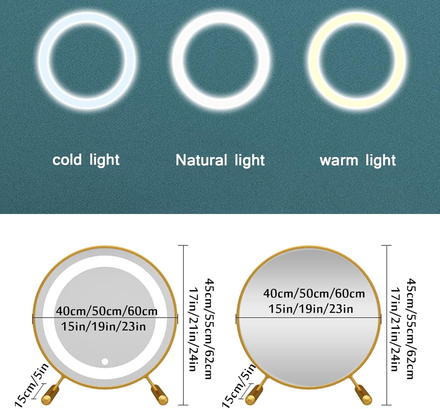 Metal Framed Bathroom Mirror,Tabletop Mirror,Trichromatic Dimming,plug-in Power,Vanity Makeup Mirror,Can Be Used As Desk Lamp,night Light,LED Round Mirror ( Color : White+Lamp , Size : 40cm(15in) )