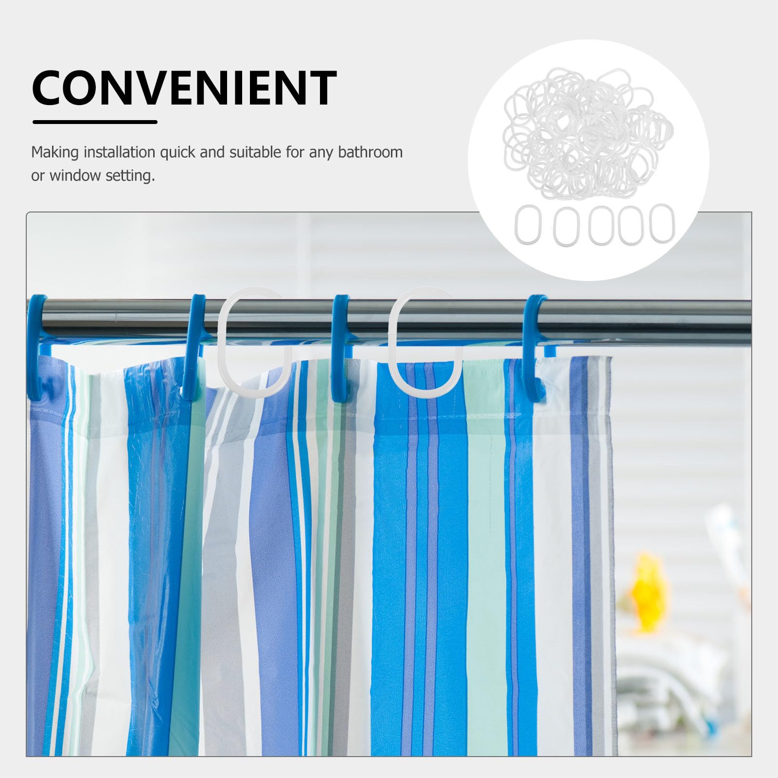 Cabilock 100 anelli per da doccia - Ganci per da doccia in plastica bianca - Anelli per tendaggi facili da installare - Gancio ovale per aste e tende standard