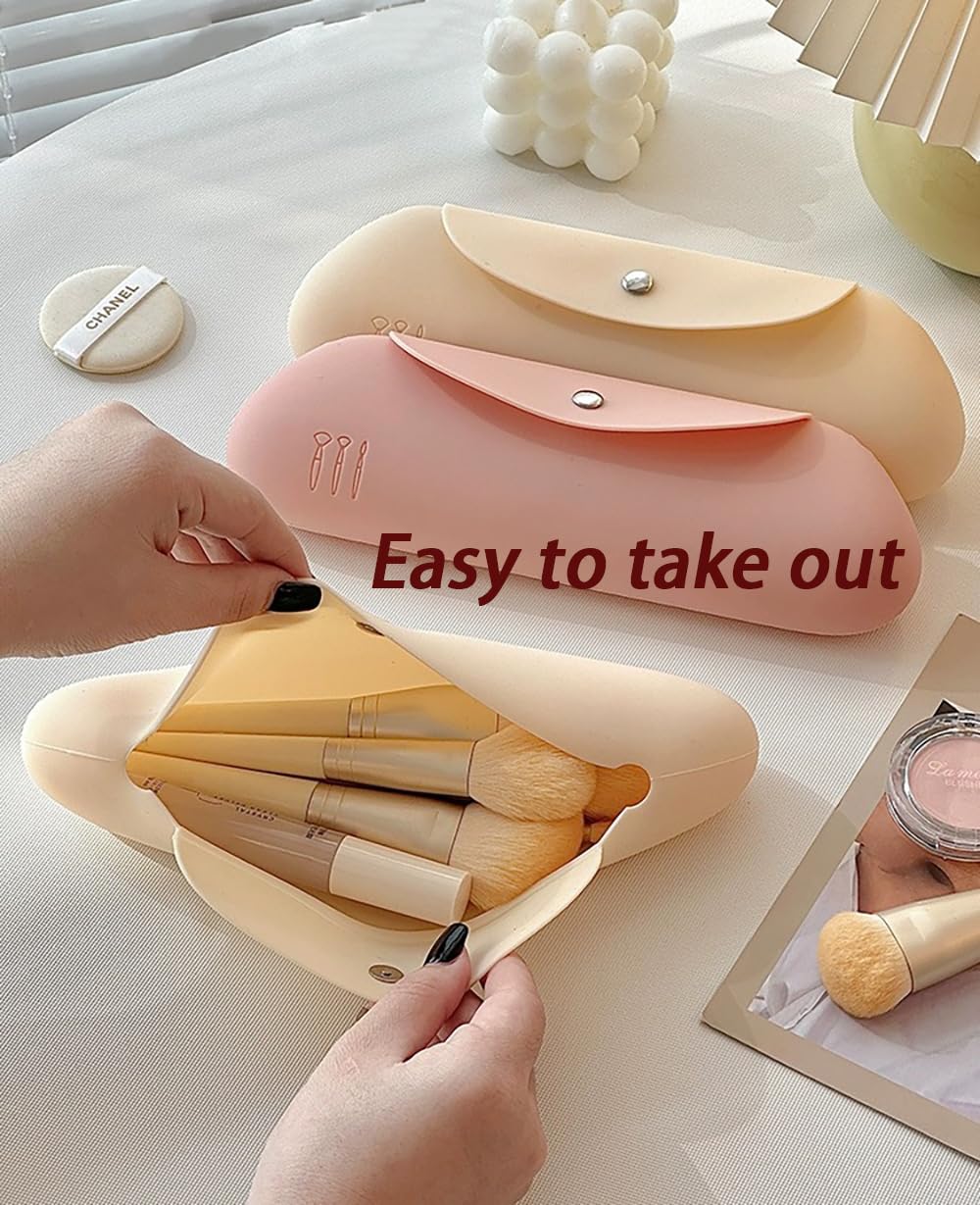 Silicone Makeup Brush Holder Makeup Bag Cosmetic Travel Bag Waterproof Make up Organizer Portable Brushes Case Toiletry Pouch Anti-Fall Out Magnetic Closure Purse Bag (Khaki) - Image 3