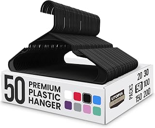 UTOPIAHOME Plastic Hangers 50 Pack Black - Space-Saving Closet Organizers, Durable Strong Clothes Hangers with Shoulder Grooves