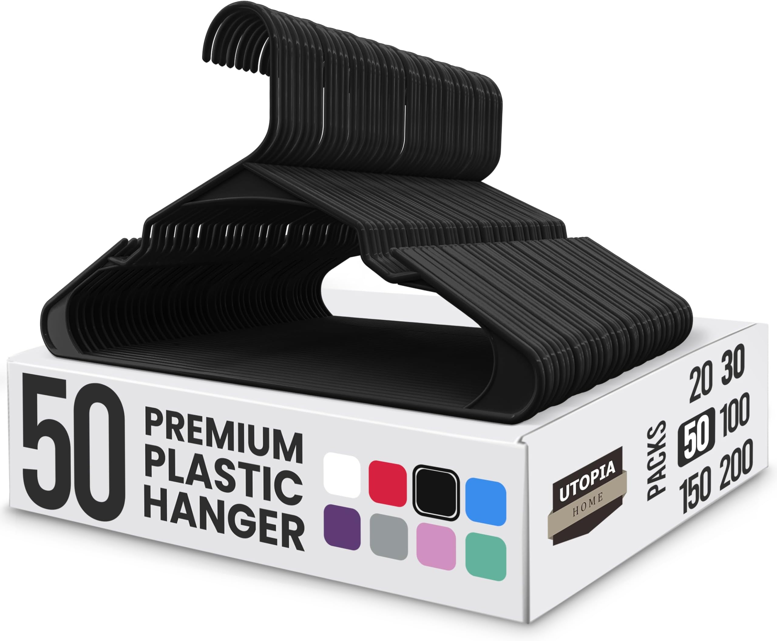 Utopia Home Plastic Hangers 50 Pack, Space-Saving Clothes Hangers with Non-Slip Shoulder Grooves for Strappy Clothes, Ideal for Home Closet Organization and Warddrobe Solutions (Black)