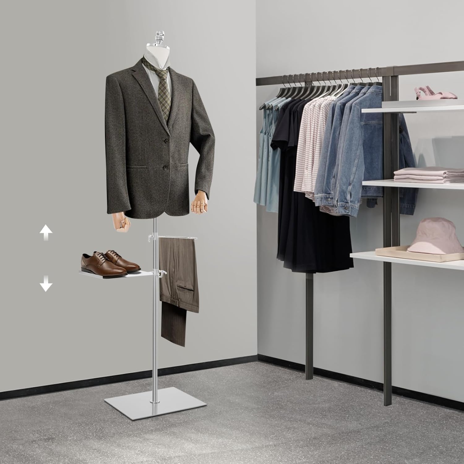 Male Dress Form, Male Mannequin with Wooden Arms Metal Stand, Adjustable Height Torso Body for and Clothing Retail Display and Sewing Shop