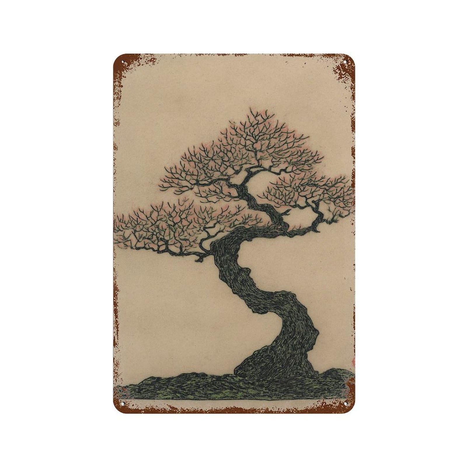 xiaoxiaoshen Japanese Bonsai Tree Minimalist Ink Zen Nature Traditional Asian Wabi Wall Decor Art Metal Tin Poster Modern Home Decor Art Home Bar Shop Decorations Vintage Sign 30x20cm