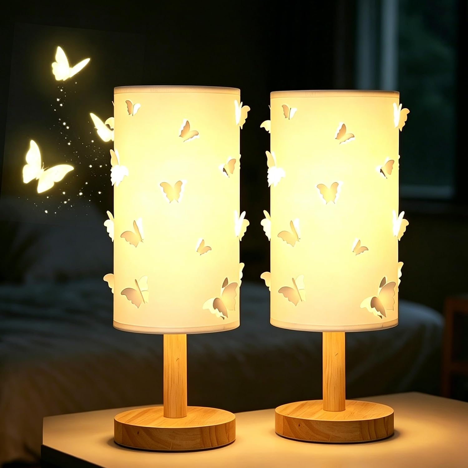 2 Pack Butterfly Table Lamp,Cute Desk Lamp for Girls Kids Bedroom,3 Color Dimmable Reading Light,Led Night Light with Wood Base,Vintage Ambient Lighting,Bedside Lamps for Living Room Nursery Dorm
