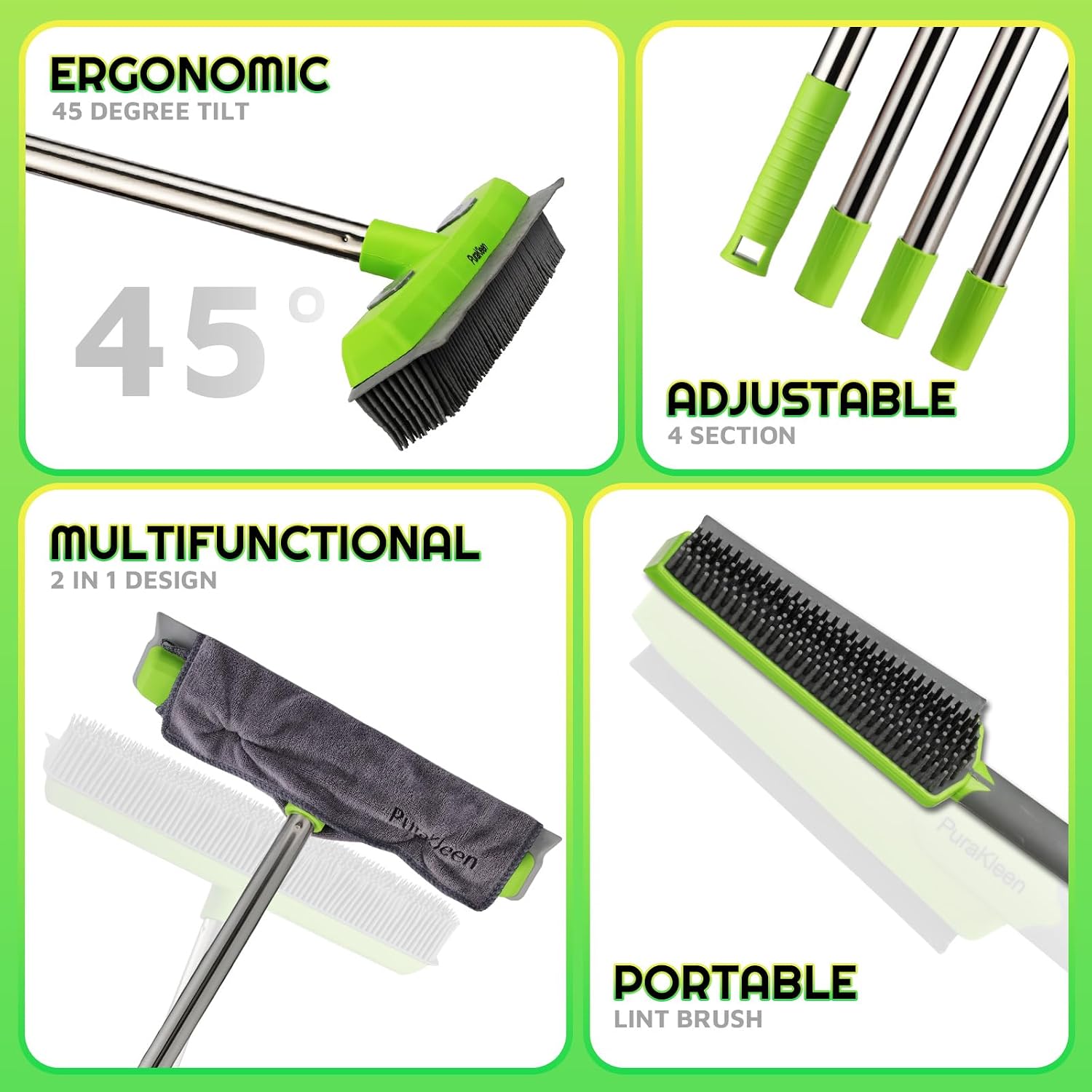 Rubber Broom for Pet Hair —Gets What Your Vacuum Misses,Non-Scratch Carpet Rake 24 "-61 "Adjustable Handle,4-in-1 (Squeegee+Pet Brush+2 Microfiber Cloth),Stairs,Corners, Rugs,Hardwood Green