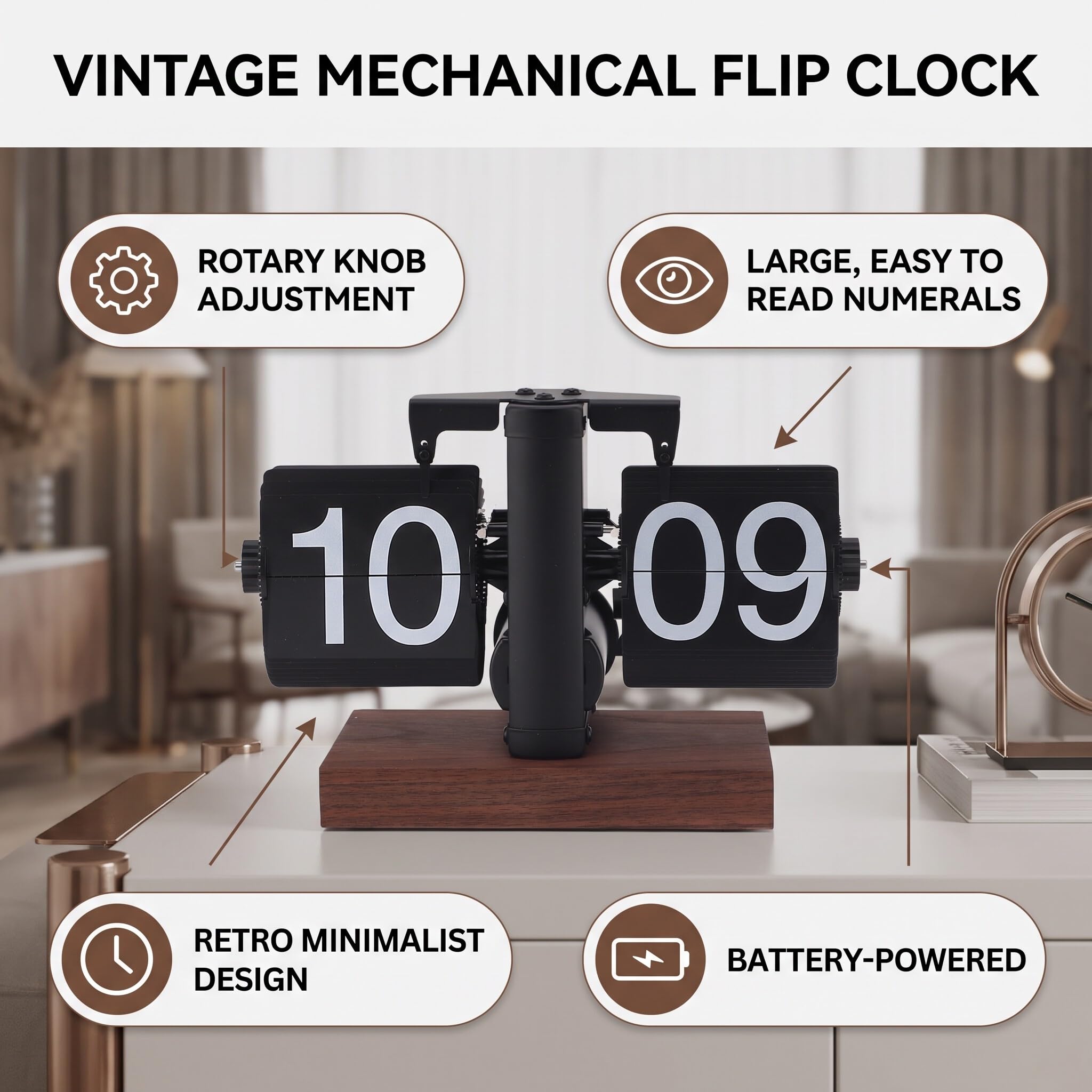 Greensen Retro Flip Digital Tischuhr mit schwarzer Walnuss Basis, große Zahlen Karten, mechanischer Schreibtisch Wecker batteriebetrieben, Silent Movement, ideale Dekoration für Wohnzimmer,