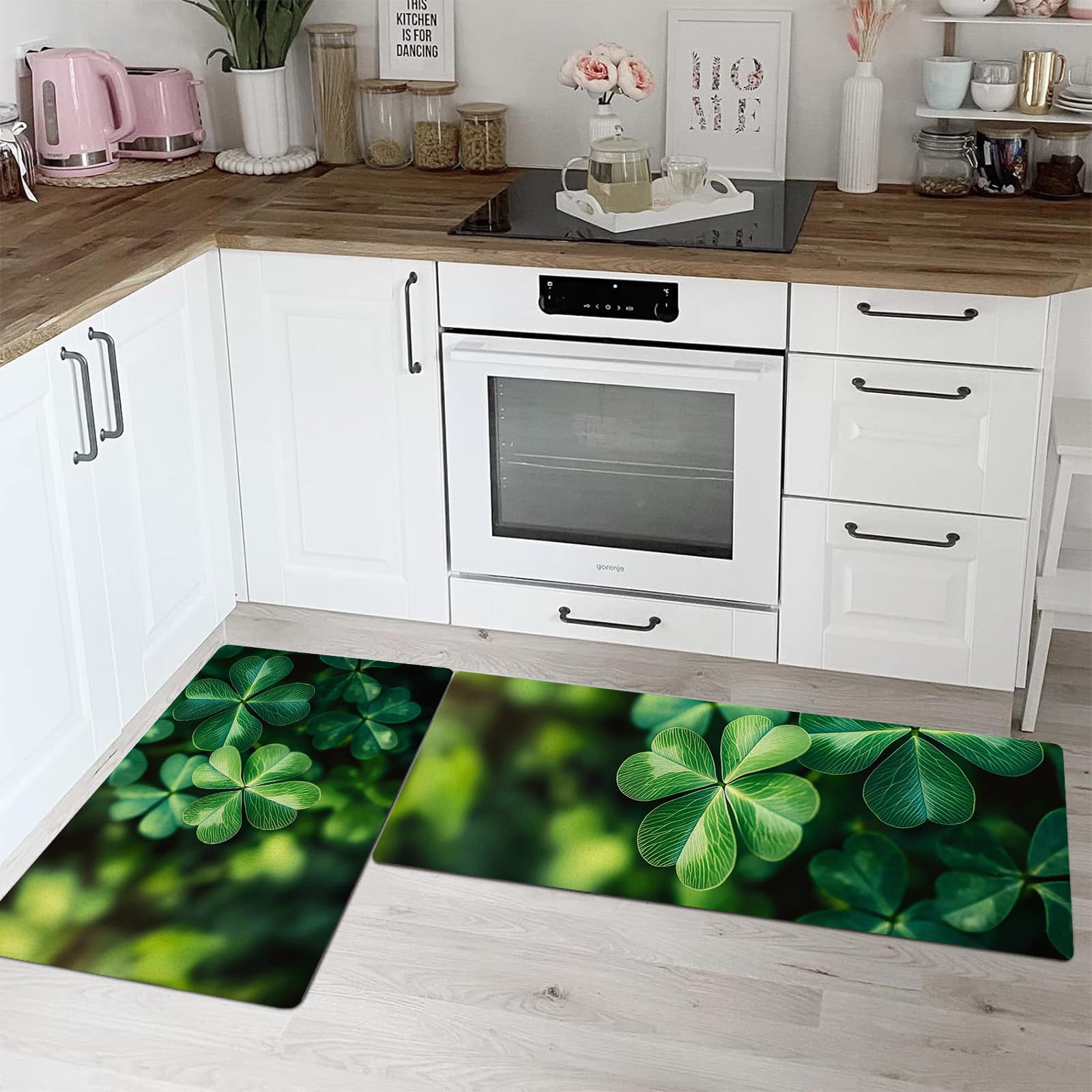 Tapetes de cocina antifatiga y lavables con diseño de hojas verdes para suelos seguros, set de 2