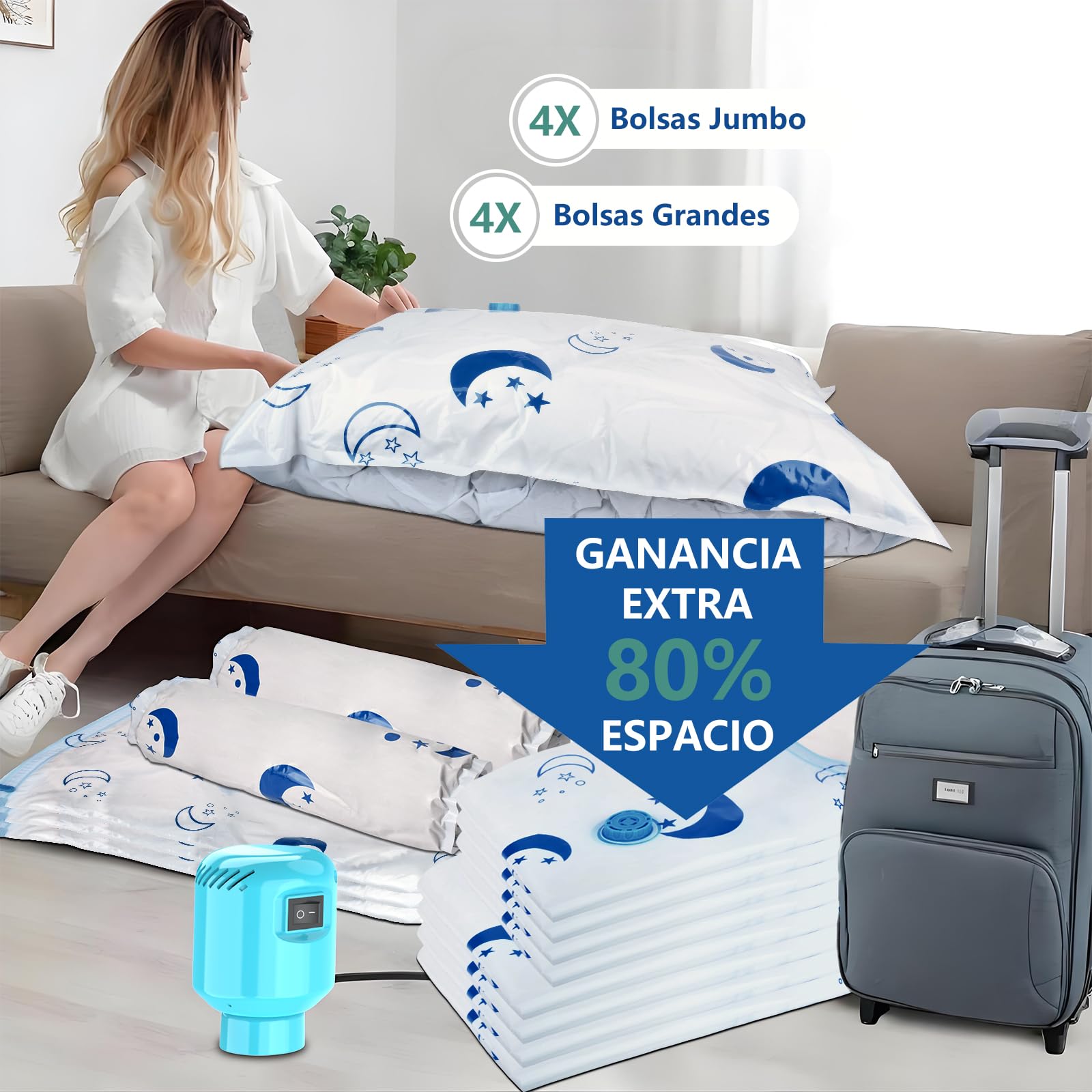 SZO Bolsas de vacío para ropa Edredones con bomba eléctrica 8 piezas (4 jumbo, 4 grandes) Viaje Desinflado Rápido Ahorro de espacio para ropa Edredones Ropa de cama Almohadas