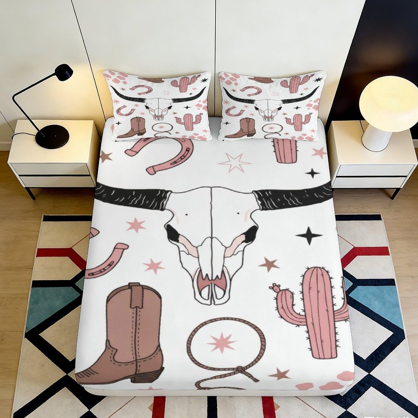 3D Printed Western Cowboy Skull Fitted Sheet Microfiber Soft Cactus Bed Sheet Bedroom Decor Anti-Slip Easy Care 90x200x25cm