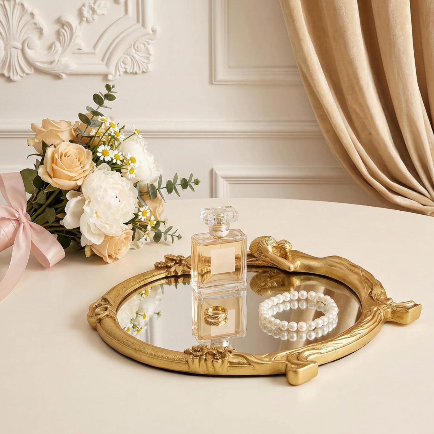 Eorbow Antique Vanity Desk Mirror, 9" D Small Gold Decorative Mirror for Wall, Vintage Hanging Round Mirror for Makeup Bedroom Living Room