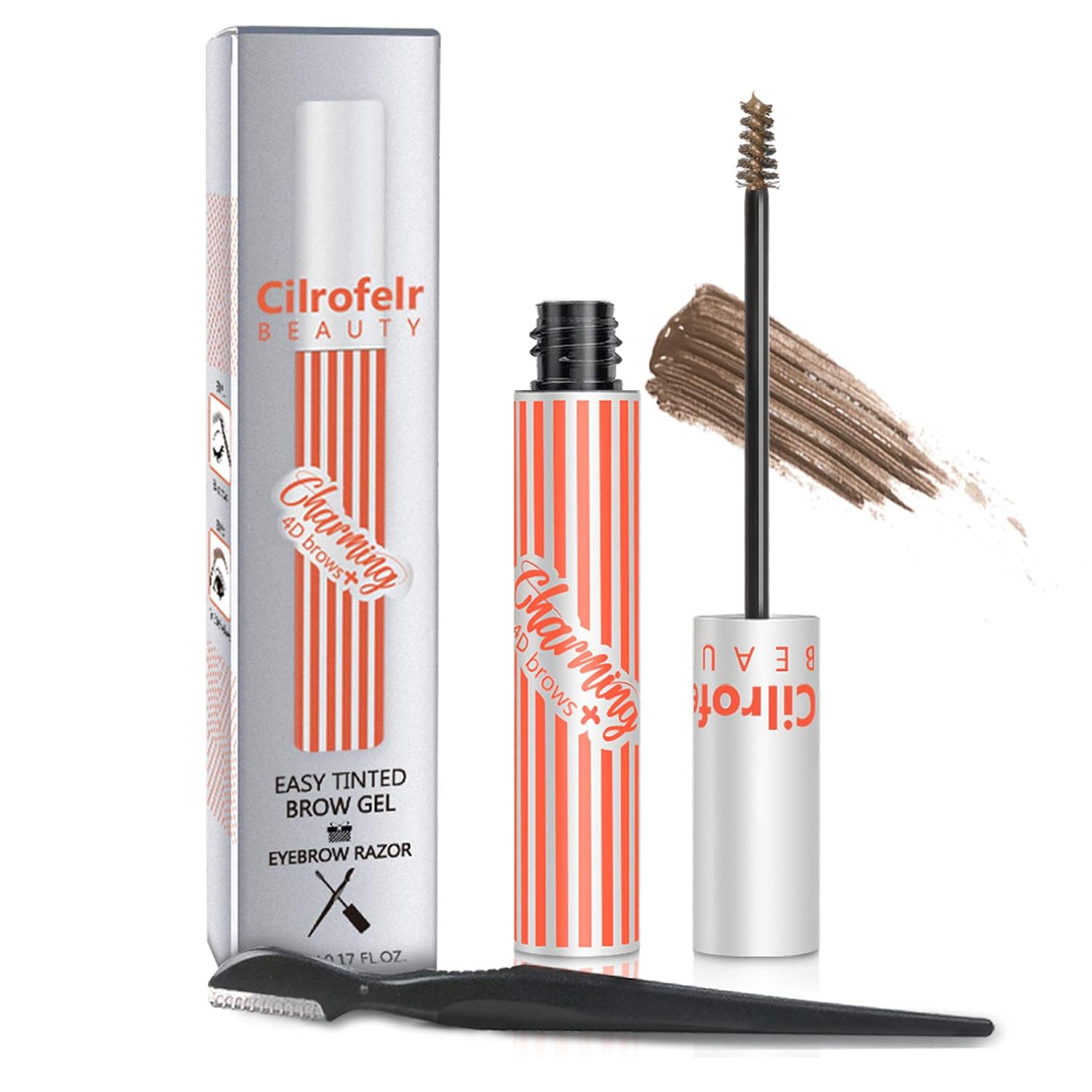 4D Charming Tinted Eyebrow Gel, Cilrofelr Waterproof Eyebrow Gel with Spoolie Brush & Eyebrow Razor, Long Lasting, Non-Sticky, For Natural Brow Looking, Cruelty Free & Paraben Free, Medium Brown, 5.0g