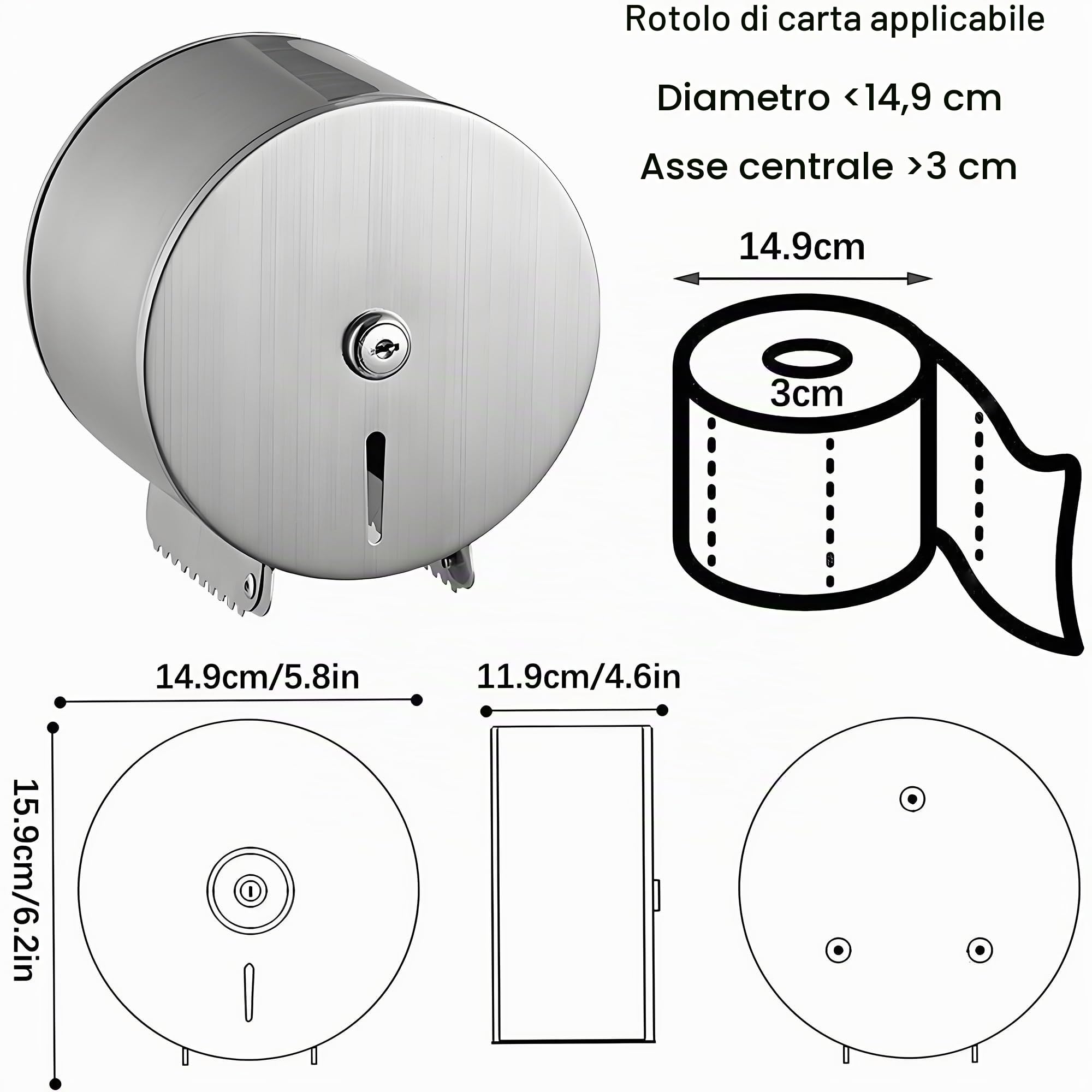 NICEME Dispenser di asciugamani di carta, Dispenser carta igienica commerciali, Funzione di blocco, Diametro 149mm Mandrino 30mm
