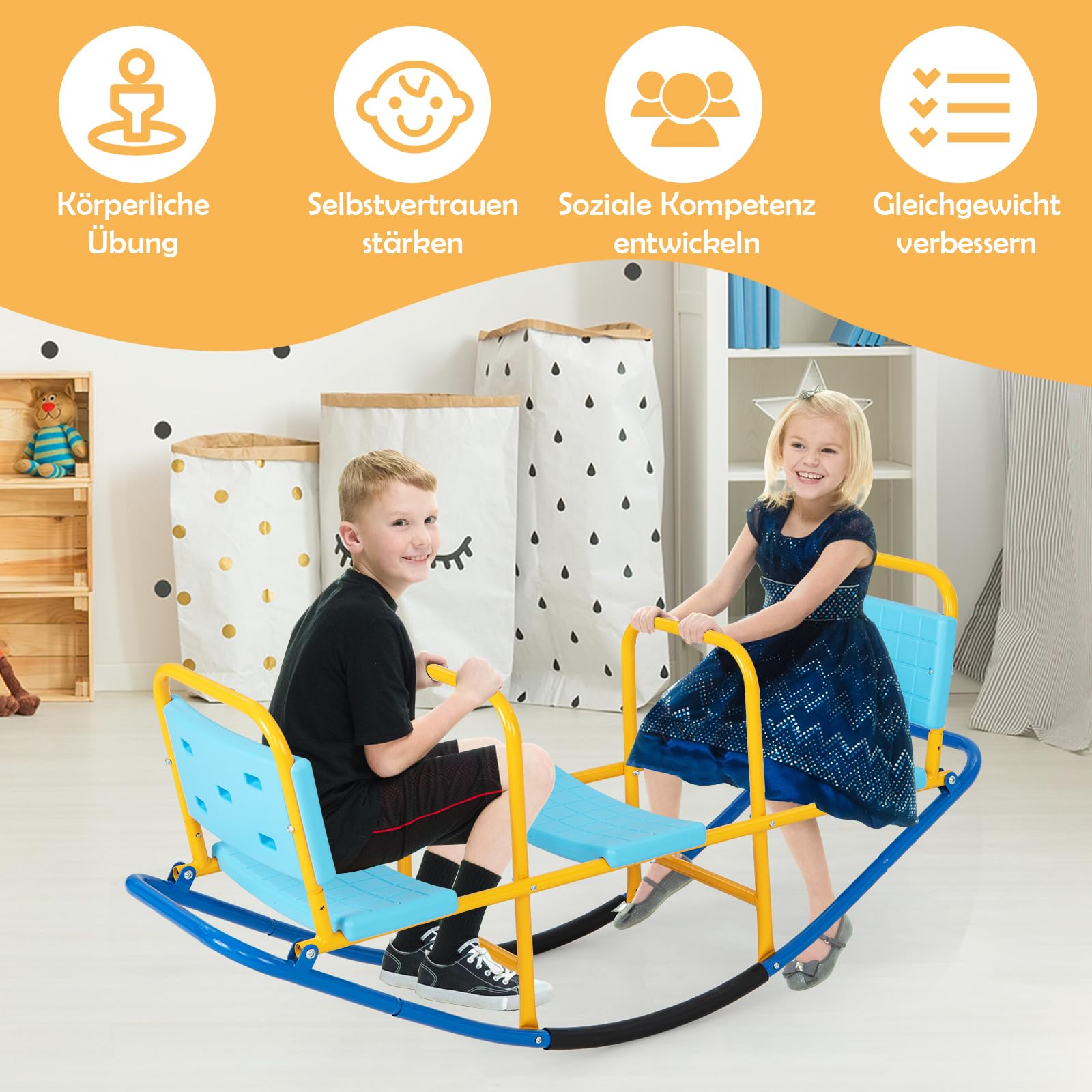 DREAMADE 3 Sitzer Kinder Wippe mit Rückenlehnen und Griffe, Schaukelwippe Metall 136x60x39cm, Karusselwippe Gartenwippe für Indoor und Outdoor, für Kinder 3-8 Jahren (Blau)