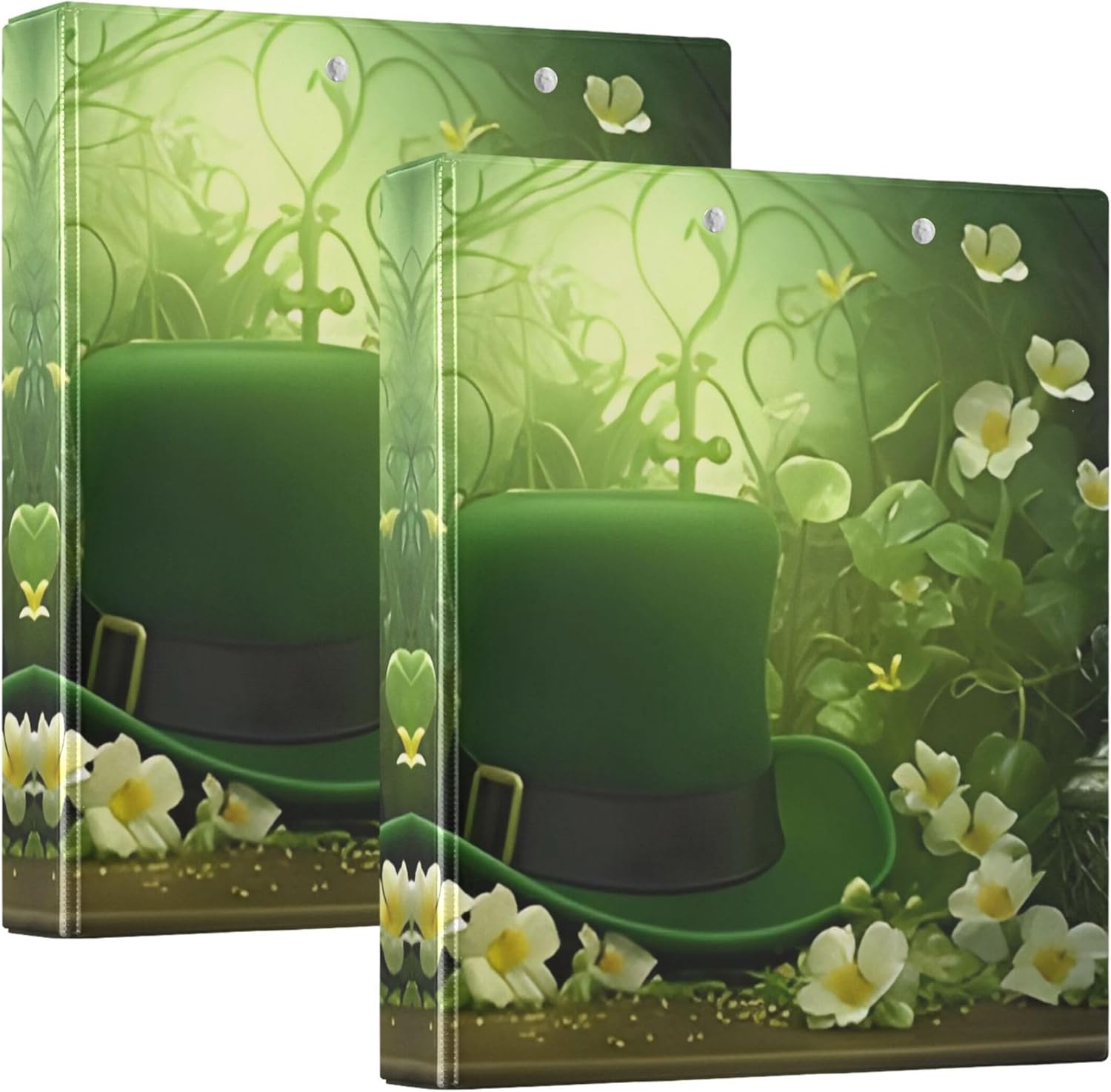 St. Patrick's Day Hat Clover 3 Ring Binders, 1.5” Round Ring Binders with Clipboard - Letter Size, 3 Interior PVC Clear Pockets & Anti-Slip Clip for Office School Supplies, 2PCS