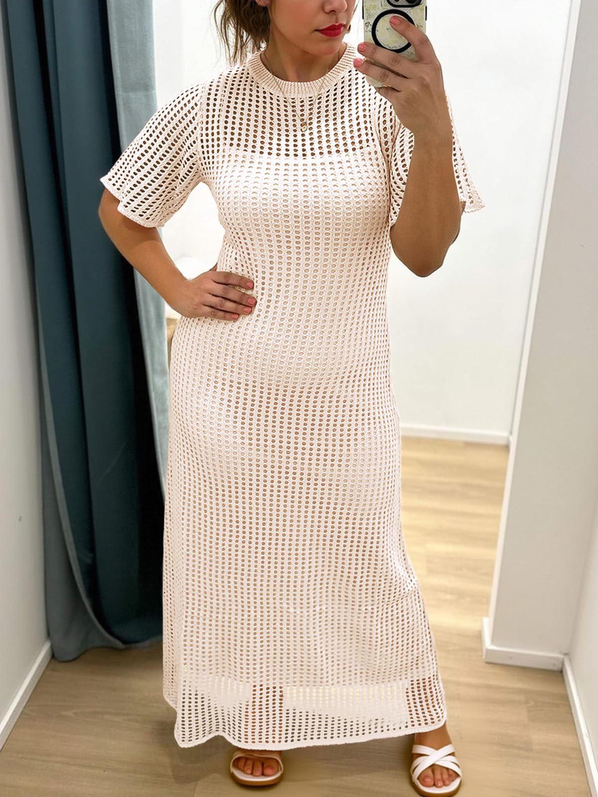 Fisoew Costume da bagno da donna all'uncinetto, estivo, per vacanze estive, costume da bagno da bagno casual a maniche corte, maxi abiti da spiaggia