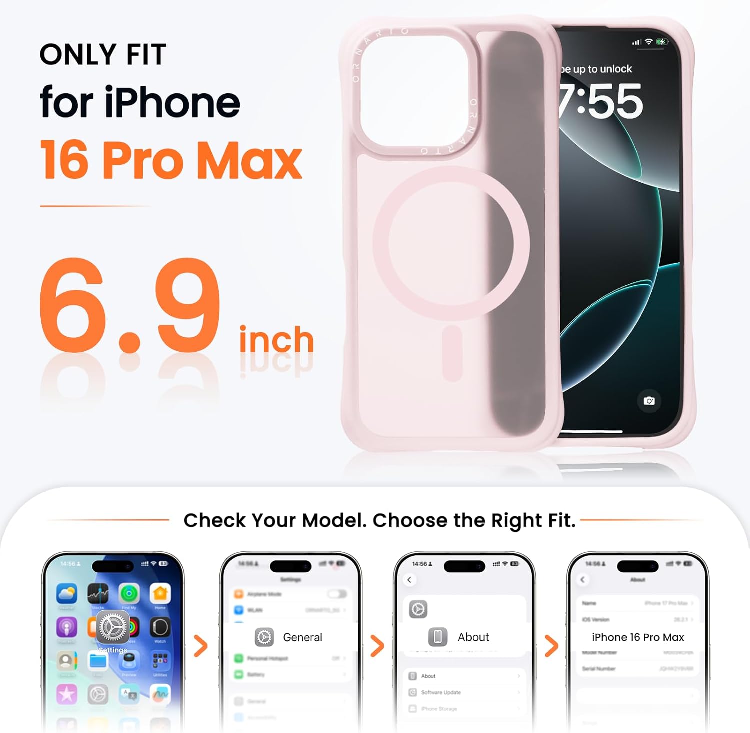 ORNARTO for iPhone 16 Pro Max Case 6.9", 20FT Military-Grade Drop Protection, Compatible with MagSafe, Slim Matte Clear Anti-Fingerprint Shockproof Protective Cover, Chalk Pink