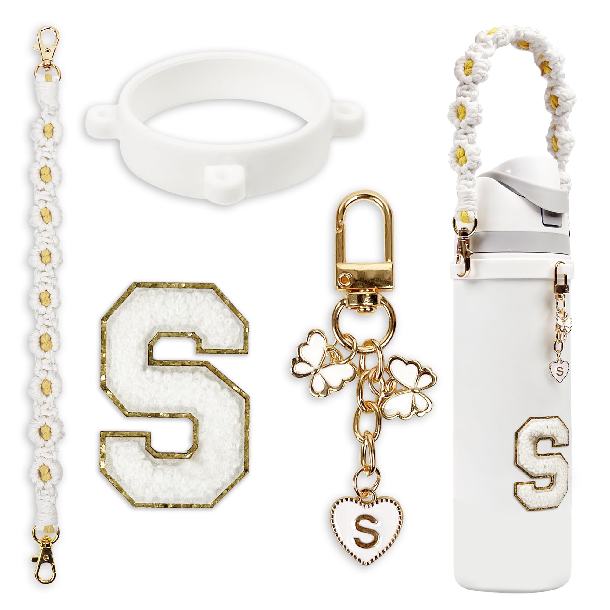 Compatible with Owala Water Bottle Accessories, Cute Letter Charm Set with Boho Handle Strap, Monogram Sticker, Silicone Ring, Keychain Decoration,