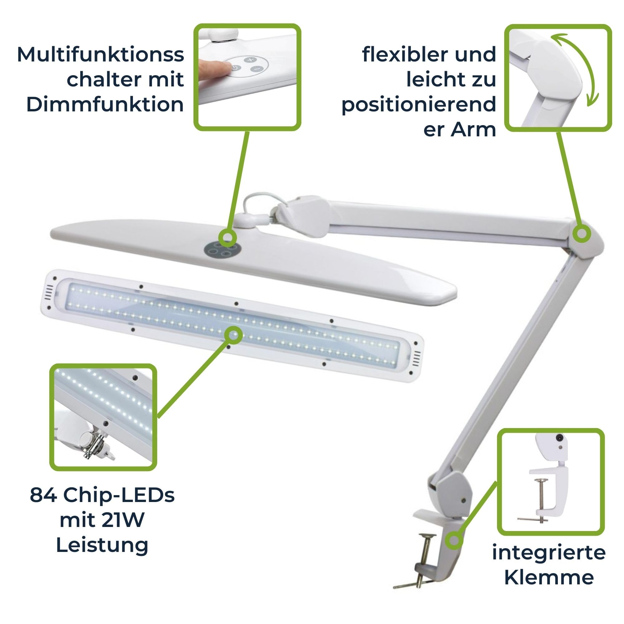 Velleman led schreibtischlampe mit klemme, schwenkarm, dimmbar, 84 leds, 58 cm breit, 21W, 6500K, 2000 lumen, hoher cri, energieeffizient, modernes design, weiß