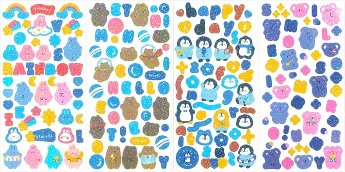 allydrew Colorful Decorative Stickers for Scrapbooking, DIY Crafts, Stationery, Diary, Card Making, 4 Sheets, Glitter Bears, Penguins, Rabbits, Koalas