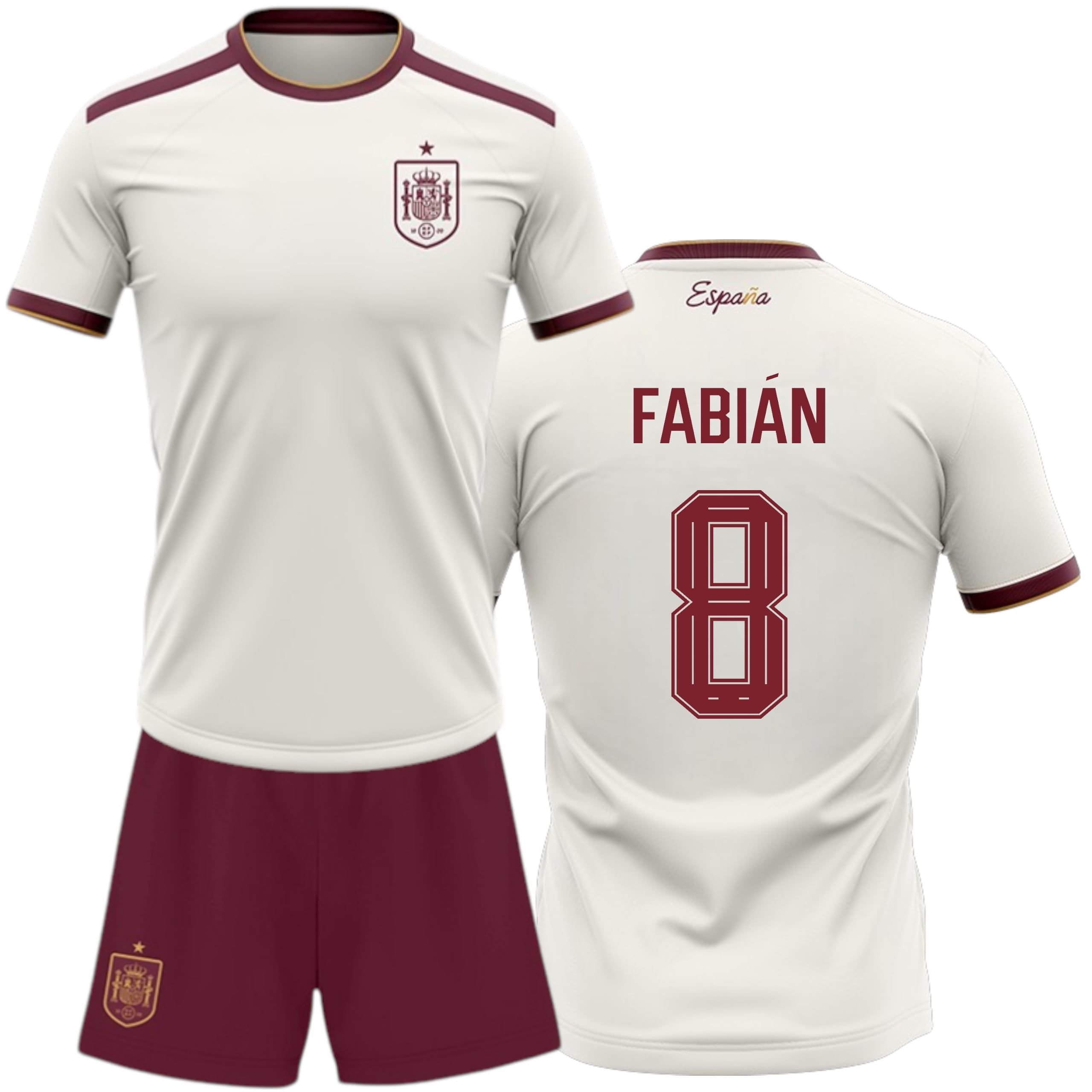 Champion's City Selección Española Kit Mundial 2026-2028 Camiseta y Pantalon Fabian 8, Color Blanco y Granate, Conjunto Futbol Infantil