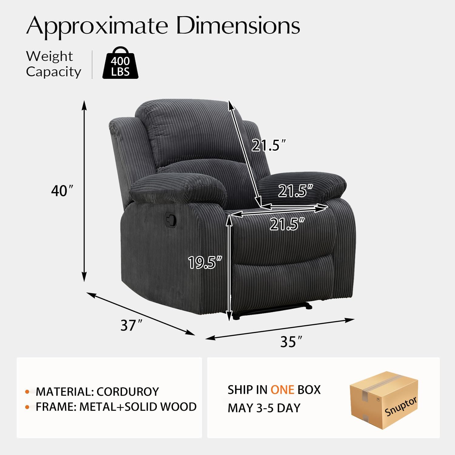 Manual Corduroy Recliner Chair Sofa for Living Room,35" Ergonomic Reclining Chair with 10" Arm/Upholstered Seat/Metal Frame,Modern Single Couch for Rv Sofa/Home Theater/Office(Dark Grey)