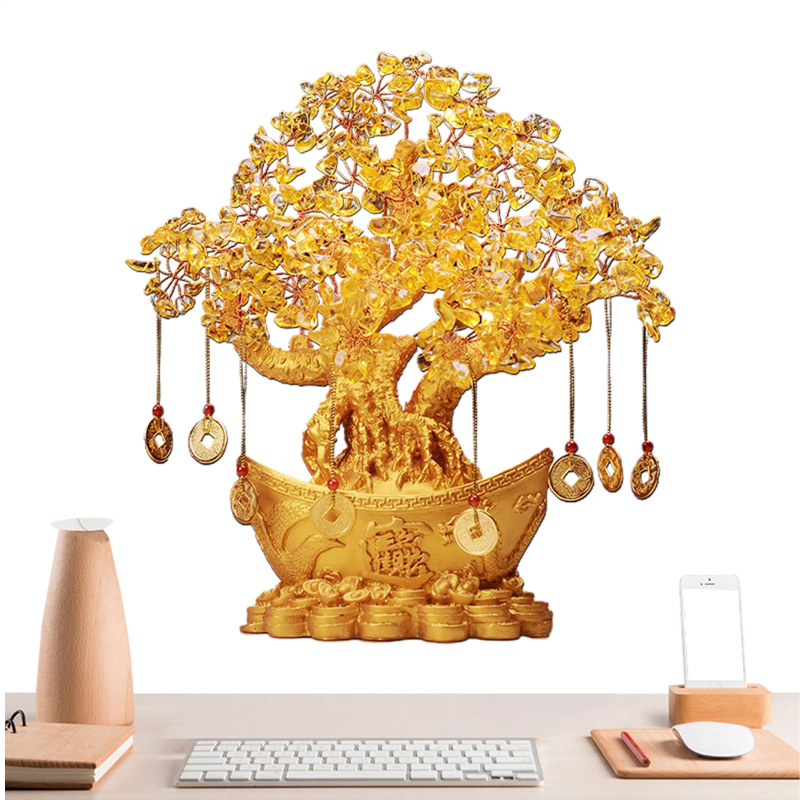Jlobnyiun B Crystal Money Tree - Golden Citrine Good Luck Onsai For Prosperity And Abundance | Glittering Gemstone Crystal Coin Tree For Table, Desk, Shop, Home