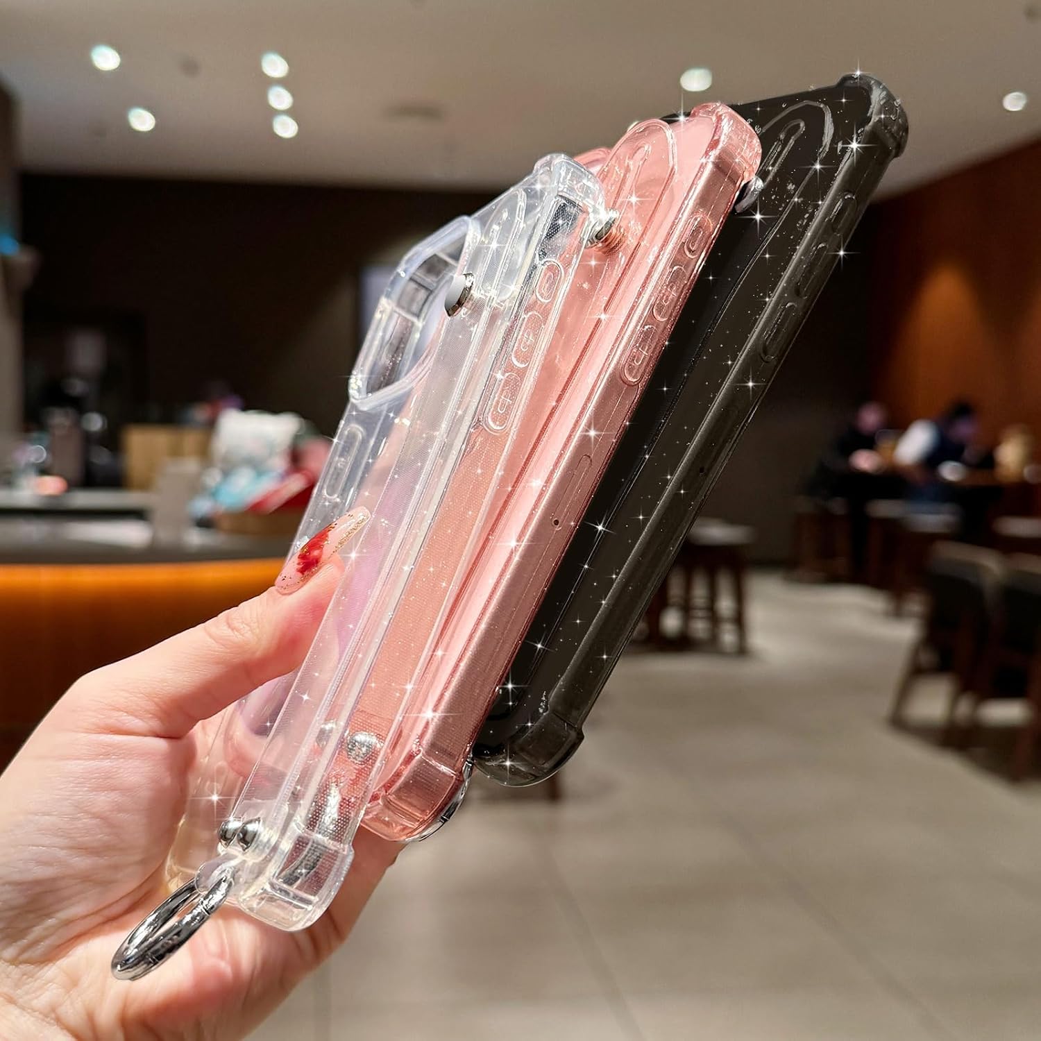 for iPhone 15 Pro Case Clear Glitter with Strap, Soft Silicone Back Cover, Adjustable Hand Strap for Women Girls Sparkle Bling TPU Protective Phone Case for iPhone 15 Pro 6.1", Pink - Image 5