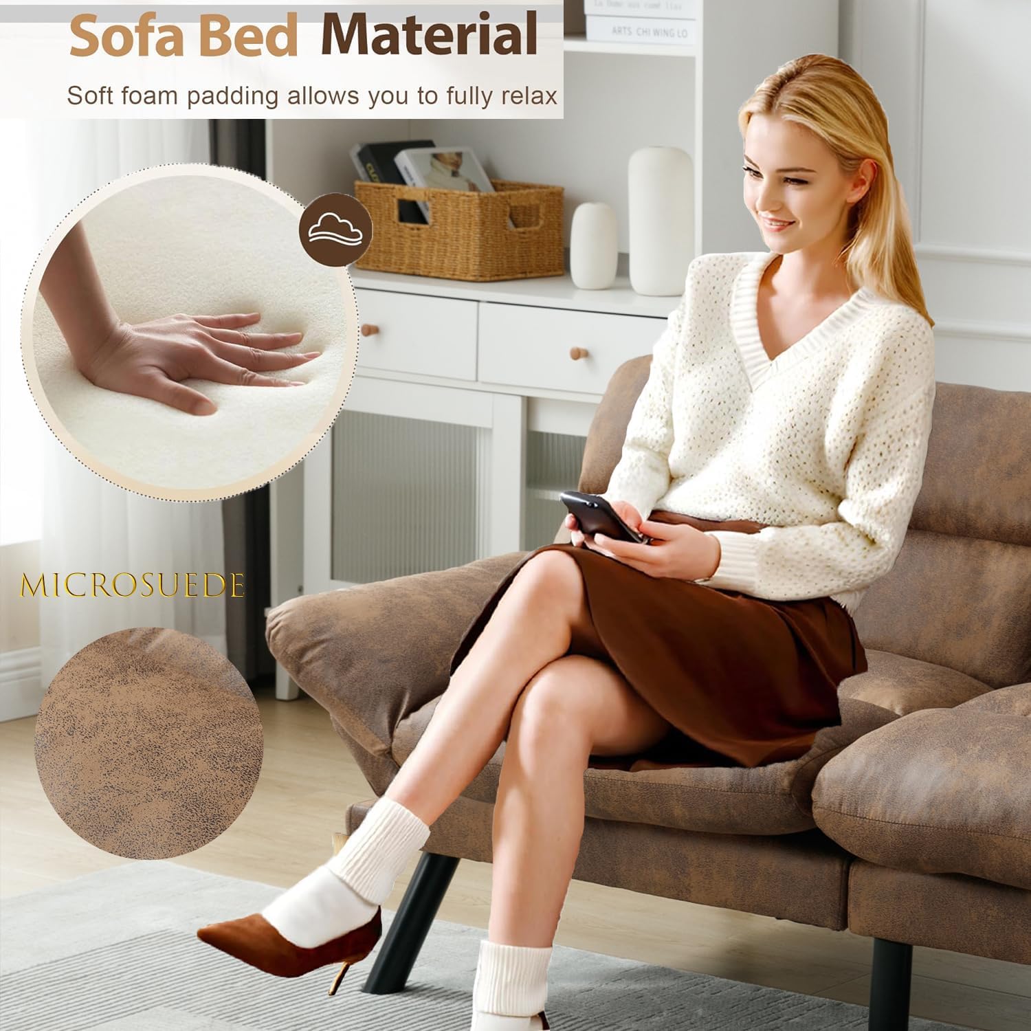 70" Modern Microsuede Convertible Folding Futon Couch Sofa Bed Adjustable Pillow Top Arm Memory Foam Couch Double Loveseat Sofa for Compact Living Space,Dorm,Game Studio,Apartment,Bedroom (Coffee)